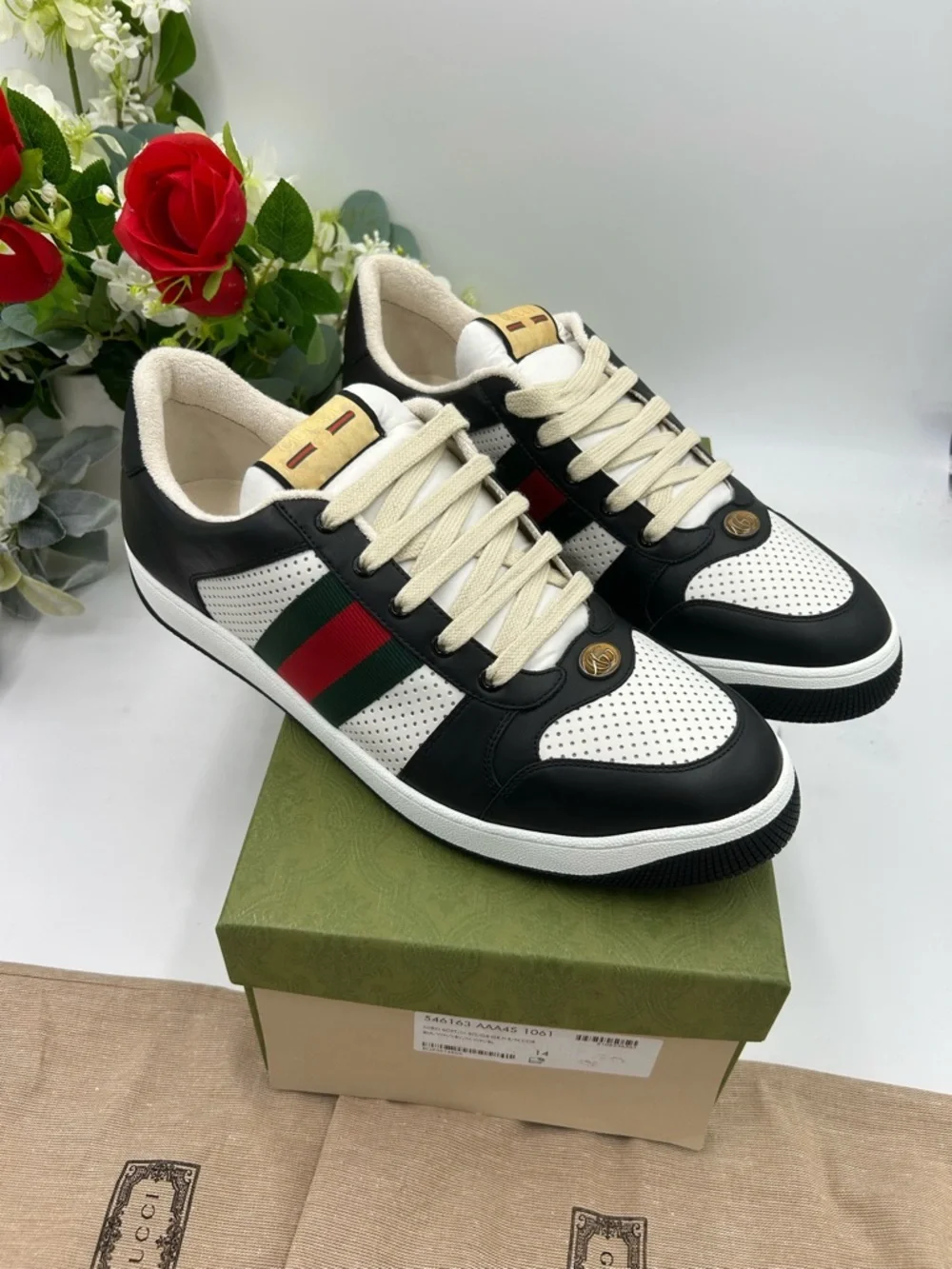 Men's Gucci screener low top leather black/white sneakers size 14 made in Italy